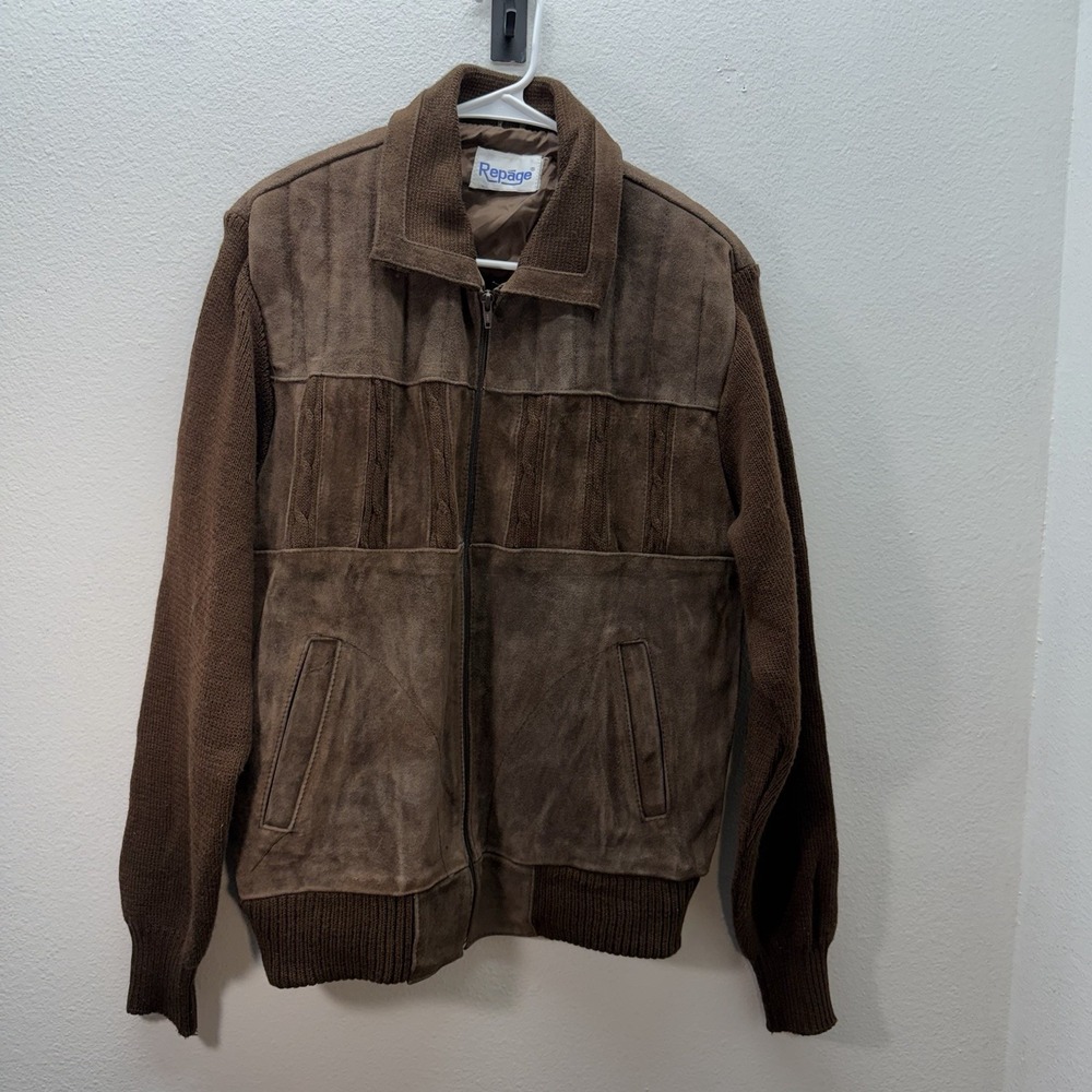 Vintage Repage Men's Brown Suede Bomber Jacket Knit Sleeves‎ SZ M 80s Western